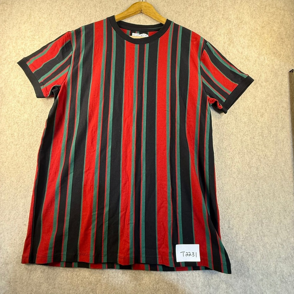 San Francisco Work Shirts Mens Large Red Black Green Vertical Stripe Tee T2231
